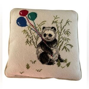 Needlepoint Wool Pillow with Panda Holding Balloons with Velvety Back 11"x11"